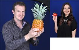 PhotoID:14846, Researcher David Harris gets in touch with his subject matter while model Mikaela McTier-Browne shows how fresh produce can look in a photo. LINK for larger images