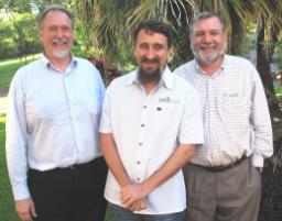 PhotoID:10626, Arris Managing Director Jim Kelly, Midell Water's Director and CQUniversity researcher Ben Kele and CQUniversity's Senior Research Fellow Ted Gardner are excited about the new partnership.