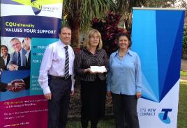 PhotoID:14924, Professor Hilary Winchester (centre) with Telstra representatives Lydia van Niekerk and John Llorente, discussing support for research addressing regional issues