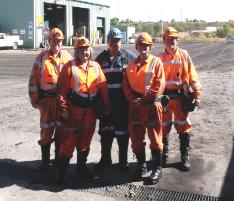 PhotoID:11215, Completing a site visit at Xstrata Newlands Coal Mine are L-R Mining Engineering Lecturer Brendan Donnelly, tutor Robyn Collins, underground Mine Deputy Ian Houlison, Lyn Forbes-Smith Pathways and Senior Lecturer in GeoScience Andrew Hammond