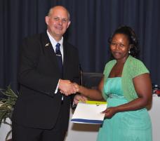 PhotoID:14641, CQUniversity VC Scott Bowman congratulates Gaboratanelwe Salima on her progress thanks to the BMA Community Scholarship