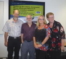 PhotoID:14285, Dr Roslyn Cameron (second from right) pictured during a Mixed Methods Research Workshop in Brisbane with Prof Ray Cooksey (UNE), Prof Mark Saunders (UK) and Prof Anneke Fitzgerald (Griffith) 