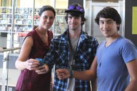 PhotoID:13320, Study Mackay's Claire Christensen with CQUniversity students Travis Smith and Jordan Kirkland-Orlow are looking forward to the new smartphone app for student discounts. 