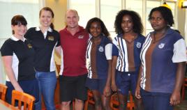 PhotoID:13642, L-R CQUniversity Learning Management students Erin Bills and Cas Martin with league legend Alfie Langer and Rockhampton High students Enna Toby, Kaye Akee and Justine Kusu