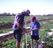 PhotoID:4041, Point Farm owner Ian Kennedy and daughter Hayley Kennedy monitoring the soil moisture in the melon plot (photo with the permission of Ian Kennedy).