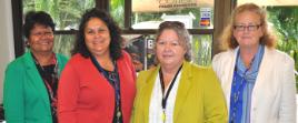 PhotoID:14819, L-R Dena Dodd-Ugle (CQUni Office of Indigenous Engagement) with Barbara Hatfield from Qld Health and CQUni staff members Julie Mann and Sandi Worsley
