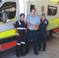 PhotoID:14236, Samantha Carter (left) with her Ayr station OIC Simon Davies and mentor Cherith Eames (an Advanced Care Paramedic)