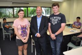PhotoID:14128, Prof Robert Buttery chats with students including Jessica Milschus and Sean Burrough during his visit to Rockhampton