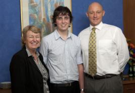 PhotoID:11123, Benjamin is congratulated by CQUniversity's Beth Tennent and The Rock's Stuart McDonald, Interim Managing Director and Chief Executive Officer