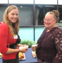 PhotoID:8507, CQUniversity's Megan Mummery chats with Denise Wright from Rockhampton Grammar School at the breakfast