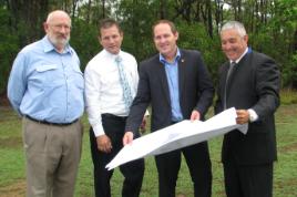 PhotoID:11847, CQUniversity Bundaberg Head of Campus Professor Phillip Clift with Cr David Batt (representing the Mayor), Minister Curtis Pitt and AEIOU Foundation CEO Alan Smith 