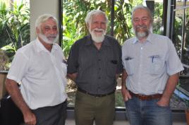 PhotoID:13396, L-R Philip Field, Dr Greg Klease and Fons Nouwens at the farewell morning tea for Greg