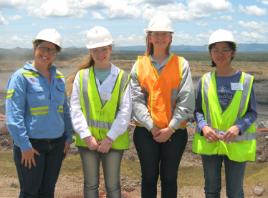 PhotoID:11947, Pictured left to right: Hail Creek Mine's Fiona Kruger and scholarship recipients Brittany Power (nursing), Phillippa Cary (business), and Markeen Valdez (IT) during a visit to Hail Creek Mine.