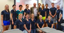 PhotoID:14463, CQUniversity's first-year Bachelor of Chiropractic Science students with Dr Tony Rosner (centre) and Prof Phillip Ebrall (right)