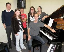 PhotoID:11107, Composer Bruce Brown inspires CQUniversity's Peter McKenzie, Amelia Kase, Joshua Greenwood, Alanna Jensen and Alyssa Priddle at workshops in Rockhampton this week.