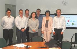 PhotoID:10636, L-R Jaume Guerrero, Freight Sales Manager FT, David Wynd, Group ECP Product Manager of FT, Chris Bosomworth, Director of Insyte Solutions, Madeleine Rowles, R&D Leader of FT, Prof Colin Cole, Director of the CRE at CQUniversity, Dr Anna Thomas, General Manager of RIA, and Bruno Lecomble, International Freight Director of FT