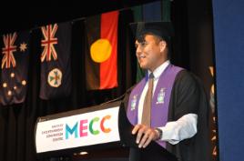 PhotoID:15000, Geoff Huegill addresses the audience at the CQUniversity Mackay Graduation ceremony. 