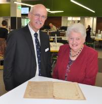 PhotoID:12677, Judith Hiskens presented the letters to Director of CQUniversity Library Graham Black at the launch of the newly refurbished Rockhampton campus library earlier this month