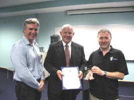 PhotoID:8136, Teaching Excellence award winner Professor Rob Reed (right) is congratulated by Professor Kerry Mummery (left) and Professor Bowman