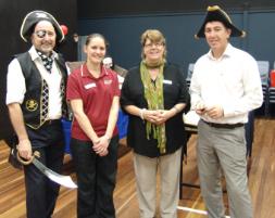 PhotoID:12818, Professor Rob Reed (left) and Nik Babovic pictured in pirate garb alongside Jack's House representatives Katie Griffin (red shirt) and Lyn Anderson