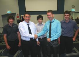 PhotoID:13828, L-R student Mitchell Trudgian, Mayor Cr Mal Forman, student Mauritz Bezuidenhout, Engineering lecturer Ben Taylor and student Jordan Maultby