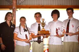 PhotoID:13623, CQUni's Samara Lovekin with high-performing St Teresa's Catholic College Year 12 students L-R Maddison Ashman, Lochie McCabe, Patrick Daly and Jack Hayes.