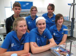 PhotoID:8251, Rocky students (front l-r) Melanie McAuliffe (Rockhampton Grammar School), Maddison Taylor (Rockhampton Grammar School), Helena Horton (Heights) and (back) Robert Gallehawk (home school),  Breanna Semple (Glenmore) and Bridie Picton-Struik (Heights).