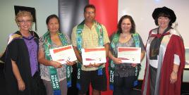 PhotoID:8539, Celebrating TEP journeys are (L-R) lecturer Vicki Pascoe, Maria Jones, Lionel Baars, Krystal Dullahide and Professor Jennelle Kyd