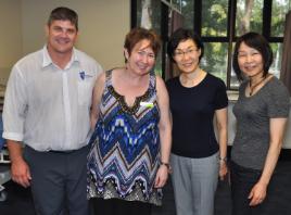PhotoID:14287,  L-R Anthony Weber from Paramedic Science and Assoc Prof Monica Moran from Occupational Therapy with Dr Midori Shimazaki and Ako Yoshinaga during their tour of Rockhampton Campus