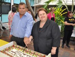 PhotoID:14197, Prof Fredericks gets help cutting the TEP cake from Wade Mann, who conducted the Welcome to Country ceremony