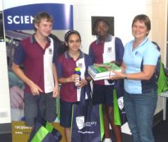 PhotoID:9572, Runner-ups Mackay State High School's James Quirk, Blessing Chabata and Diana Nicholson with CQUni's Delma Clifton.