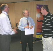 PhotoID:4969, CQU's David Turner (left) and Associate Professor Bruce Knight  meet Noosa District State High School guidance officer Damien Quinn