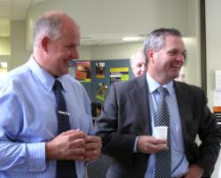 PhotoID:7832, CQUniversity Vice-Chancellor Scott Bowman talks with John Holland's Brendan Petersen during the luncheon this week.