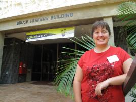 PhotoID:8248, Morgan Parker in front of the Rockhampton Campus Library building, named after her grand-father