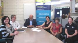 PhotoID:10022, Gathering to discuss the Regional Mental Health Coordinator roles are L-R Victoria Homer (Centacare); Ron Hale (Community Mental Health, Dept of Communities), Mike Wilson (Qld Alliance Program Director); Professor Brenda Happell; and Suzi Blair and Tamsen Clifford-Banks (Office of Development and Graduate Relations)