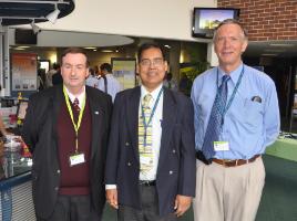 PhotoID:10606, Keynote and Co-Chair  Glenn Schumacher (left) chats with conference Chair Professor Gopinath Chattopadhyay and Co-Chair Malcolm Leinster