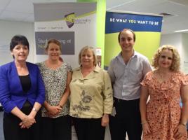 PhotoID:13957, CQUni academics with a guest L-R at the Noosa event: Jenny Davis (Midwifery/Nursing Lecturer); Robyn Buis (Midwifery Clinical Facilitator); Associate Professor Moira Williamson (Midwifery Head of Program); Keppel Schafer (Midwifery & Neonatal Educator, Nambour General Hospital), Professor Melanie Birks (Deputy Dean, School of Nursing & Midwifery)