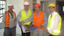 PhotoID:12624, Site Manager Mick Wright, Senior Project Manager Peter Knuth, Member for Keppel Bruce Young MP and Dean of School of Medical and Applied Sciences Professor Grant Stanley touring the new Allied Health Clinic 