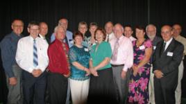 PhotoID:5227, Early staff at the dinner (from left) Royce Sadler, Bob Hay, Blair Smith, Andy Drummond, Barrie Harvey, Judith Egerton, Rita Hatfield, Kay Schatkowski, Pauline McNee, Marshall McCarthy, John Wilkinson, Dave Cardnell, Kay Hanschen, Bob Steer, Kevin Fagg and Joe Czekanski