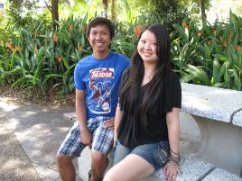 PhotoID:10436, Simon Almoite from the Philippines and Emilia Burhan from Indonesia chat after completing their English for Academic Purposes program