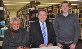 PhotoID:12587, Senator Chris Evans (centre) with Bachelor of Psychology student Geraldine Carter and Civil Engineering student Mitchell Lees