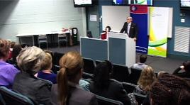 PhotoID:9116, Deputy Vice-Chancellor Alistair Dawson presents at the Professional Staff Showcase.