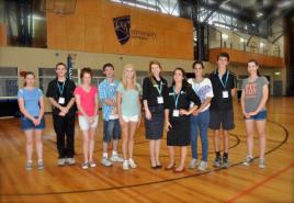 PhotoID:13906, Students Ella-May Hannan, Christopher Atkinson, Jessica Adams, Dylan Atkinson, Tayler Louise Shannen, CQUniversity staff Kaye Ahern and Claudia Vaile and students Lauren Roberts, Werner Kahl, Tai-Wakelin Gray take part in Camp Discovery 2013.