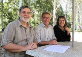 PhotoID:12838, CQUniversity's Dr Daniel Teghe (left) chats with visitors Gordon Vincenti and Anke Beuck from VIA University College Denmark