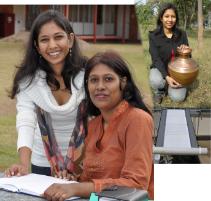 PhotoID:9207, Riti (left) and Sadia compare research notes. Insets include Riti with a traditional copper vessel and Sadia's test equipment