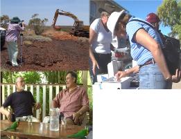 PhotoID:9935, Clockwise from top left: Dr Liz Huf in the field, Jeni Richardson at the Winton Symposium and Dr Daniel Teghe (striped shirt) with Rubyvale Gallery operator and industry leader Peter Brown