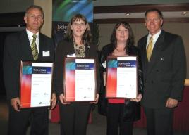 PhotoID:4980, CQU Bachelor of Learning Management students John McKenzie, Rebecca Taylor and Shontelle Lewis receive their Peter Doherty Awards for Excellence in Science and Science Education.