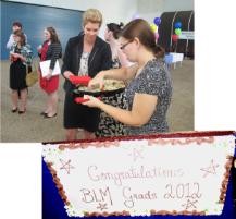 PhotoID:13304, Education Dean Prof Helen Huntly (centre) mixes with departing BLM students before the cake is cut