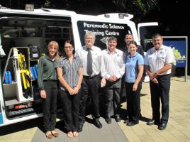 PhotoID:14240, L-R Lisa Hurring (Paramedic Science Lecturer), Rae Jackson (Paramedic Tech), Professor Brian Maguire (Paramedic Professor), Anthony Weber (Senior Lecturer & Program Leader), Warren Kellett (QAS Executive Manager for Mines), Geraldine Rolfe (Paramedic Tech), Daryl Holley (Lecturer)