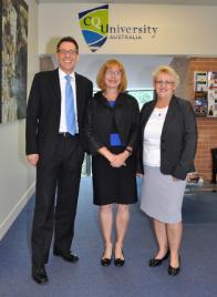 PhotoID:14550, Deputy VC Professor Hilary Winchester (centre) welcomes Senator Brett Mason and LNP candidate for Capricornia Michelle Landry to Rockhampton Campus